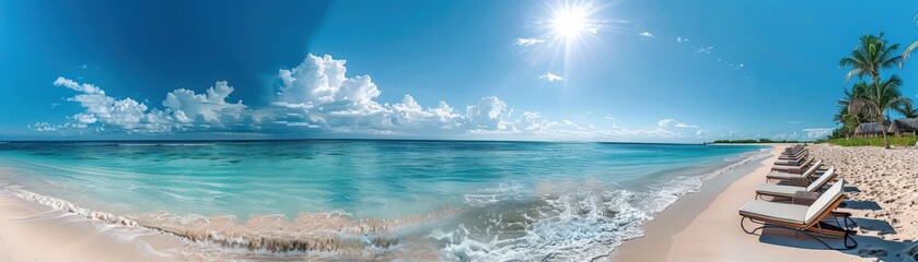 Obraz premium Panoramic View of Tropical Beach with Clear Blue Water, White Sand, and Sun Loungers under a Bright Sunny Sky