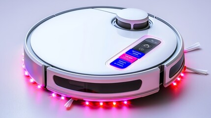High-tech robotic vacuum cleaner with LED lights and touch screen control on a white surface