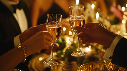 People toasting with glasses of champagne at a glamorous evening party 