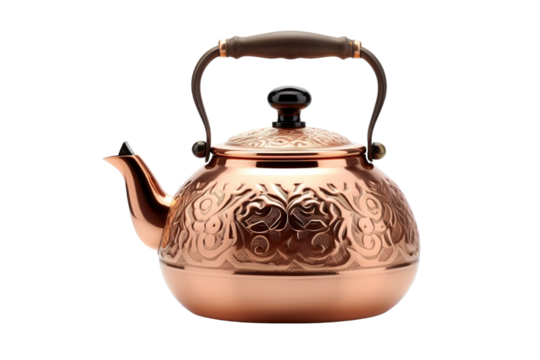 Intricately Designed Copper Kettle Bathed in Soft Light on a Rustic Table on Transparent PNG Background.