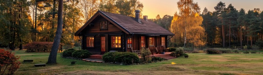 Cozy Wooden Cabin in Autumn Forest at Sunset with Warm Glowing Lights and Scenic Surroundings