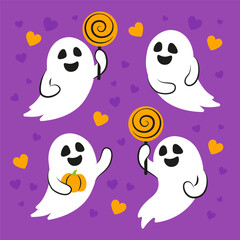 Illustration of funny ghosts. Set of cute ghosts for Halloween card design