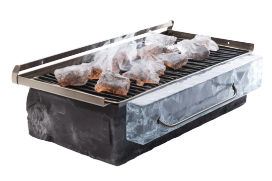 Sizzling Delights on a Unique Ice Grill at a Summer Picnic Gathering on Transparent PNG Background.