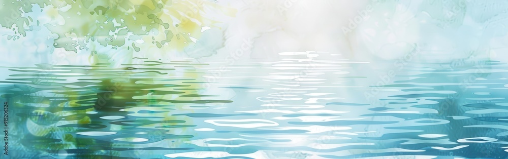 Aufkleber a watercolor painting depicts a serene scene of still water reflecting a light green tree above. the