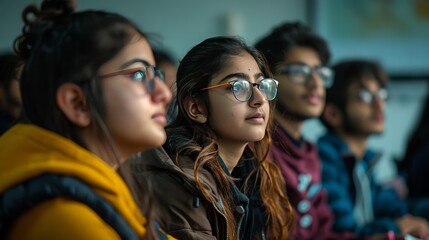 Obraz premium Attentive Indian Student Girl Paying Attention During College Lecture