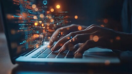 Hands typing on a laptop keyboard with code snippets, representing data extraction, transformation, and loading (ETL) processes