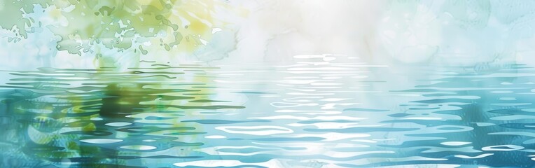 A watercolor painting depicts a serene scene of still water reflecting a light green tree above. The sun shines brightly through the tree, creating a soft glow over the water surface.