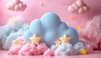 Blue Cloud with Stars on Pink Background