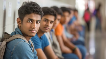 Obraz premium Group of Indian Students Sitting in Hallway with Backpacks and Looking at Camera