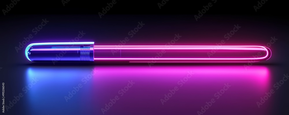 Wall mural vibrant neon light pen in blue and pink glowing against reflective surface in dark setting