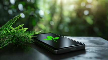 Realistic photo of smartphone with full battery icon and leaf symbol symbolizing energy efficiency and longer battery life due to lower power consumption