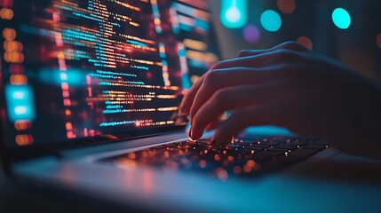 Hands typing on a laptop keyboard with code snippets, representing data extraction, transformation, and loading (ETL) processes