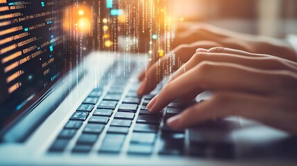 Hands typing on a laptop keyboard with code snippets, representing data extraction, transformation, and loading (ETL) processes