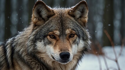 Fototapeta premium Wolf with snowflakes on fur in wintery forest setting.