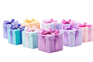 Obraz premium Colorful Gift Boxes Arranged in a Beautiful Display for Celebration During Springtime Festivities on Transparent PNG Background.