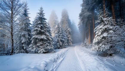 Obraz premium Snowy forest path with light fog