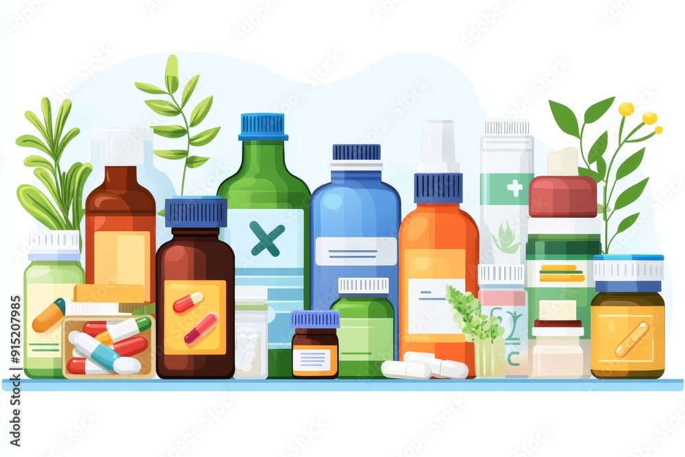 Sticker Illustration of a Variety of Medicine Bottles with Leaves Promoting the Blend of Natural and Modern Healthcare Solutions