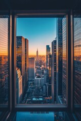 A window in a modern skyscraper office, with a bustling financial district below. 