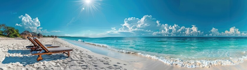 Obraz premium Stunning Panoramic View of Tropical Beach with Clear Blue Waters and White Sandy Shoreline Under a Bright Sunny Sky