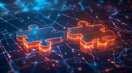 Digital representation of API integration concept with interlocking puzzle pieces against a futuristic tech-inspired abstract background, symbolizing connectivity and interoperability
