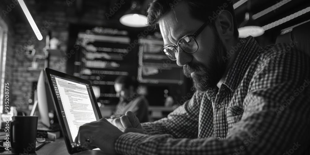 Aufkleber a person sitting at a desk using a laptop computer, suitable for office or work-related concepts
