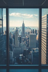 A window in a modern skyscraper office, with a bustling financial district below. 
