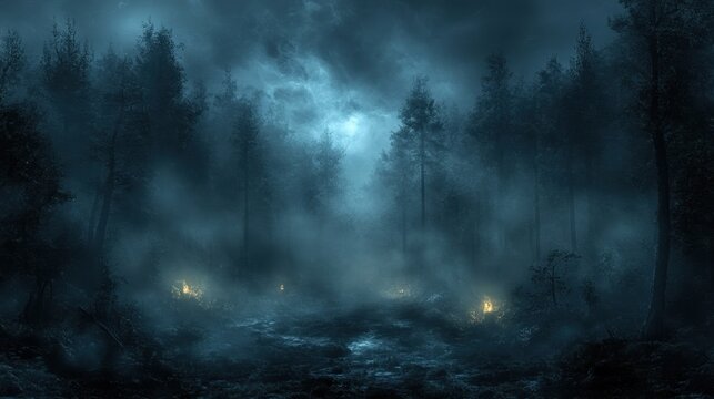 Enchanted Haunted Forest: Eerie Panoramic View of Ghostly Lights Among Towering Trees and Fog-Covered Ground