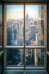 A window in a modern skyscraper office, with a bustling financial district below. 