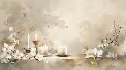 Celebratory Christian Altar with Candles and Flowers on Beige Background and Copyspace