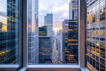 A window in a modern skyscraper office, with a bustling financial district below. 