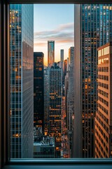 Fototapeta premium A window in a modern skyscraper office, with a bustling financial district below. 