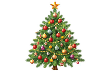 christmas tree decorated with ornaments garland vintage illustration isolated on a transparent background, generative ai