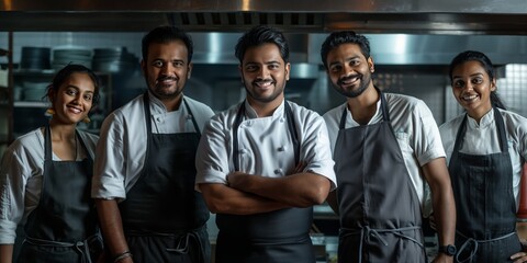 Smiling Indian Chef Team Posing Confidently in Professional Kitchen Setting