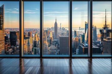 A window in a modern skyscraper office, with a bustling financial district below. 