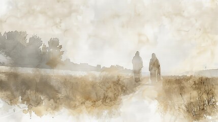 Biblical Illustration of Jesus on the Road to Emmaus, Watercolor Art, Faith and Journey, Beige Background, copyspace