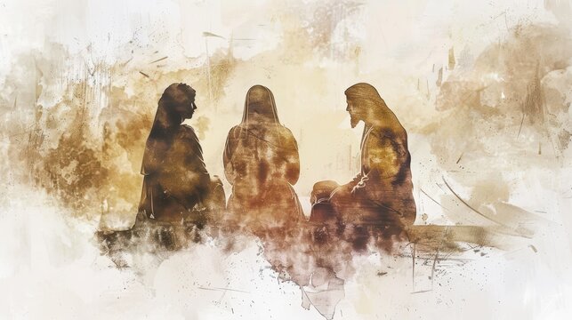 Watercolor Biblical Illustration of Jesus with Mary and Martha, Friendship and Faith, Beige Background, copyspace