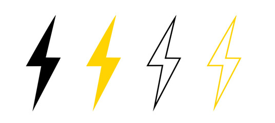 Lightning icon. Symbol of power, energy, electricity. Set lightning bolt.  Thunderbolt pictogram. Thundershock zigzag arrow . Vector