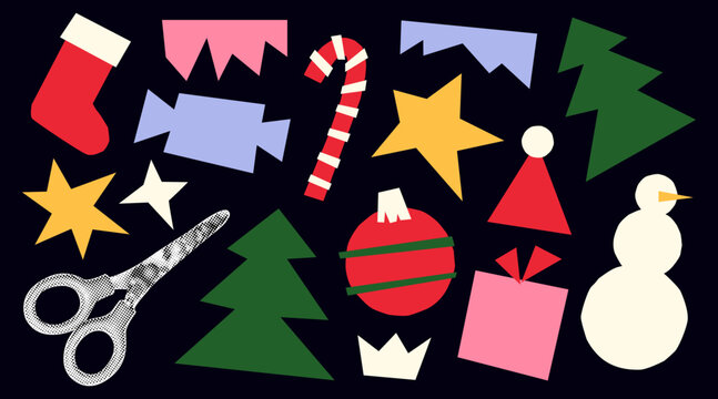 Halftone scissors with paper cut out elements for Christmas theme. Hand drawn pieces of colorful paper for creative collages.