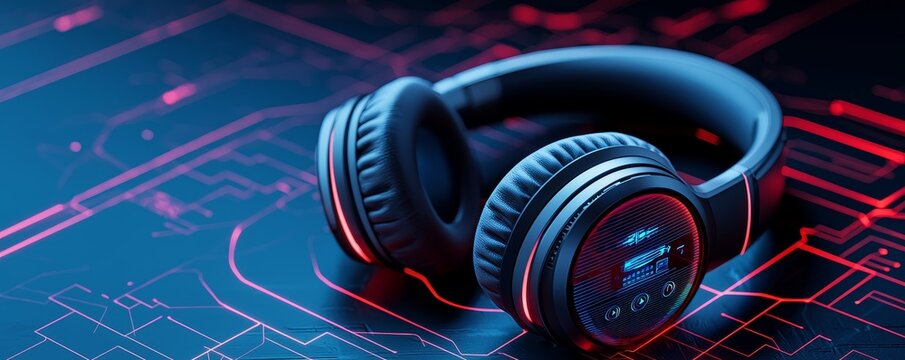 High-tech wireless over-ear headphones with digital interface and futuristic red pattern background