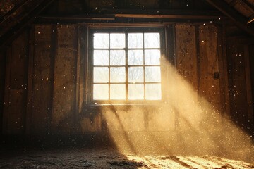 A window in a rustic barn, with sunlight streaming in and dust particles floating in the air. 