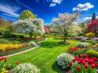 Fototapeta premium Serenene garden scene unfolds beneath a vibrant clear blue sky with lush green grass, flourishing bushes, and white red blossoms.