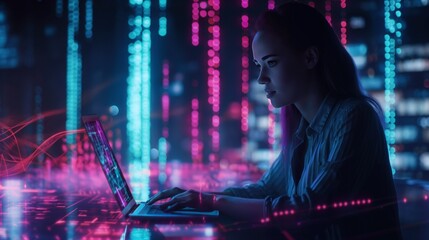 woman Cybersecurity Specialist Working on Laptop with Futuristic Digital Interface