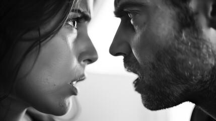 Intense close-up of a serious man and woman faces in a heated argument, expressing strong emotions. Concepts of conflict, tension, and interpersonal relationships.
