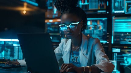Woman in Neon Glasses Using Laptop in a Cybersecurity Command Center