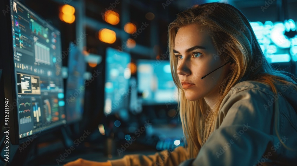 Poster a woman is sitting in front of a computer monitor with a headset on