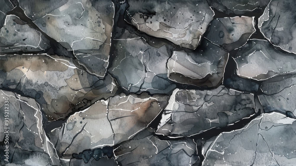 Poster an abstract watercolor painting depicts a close-up view of a cracked rock surface. the painting feat