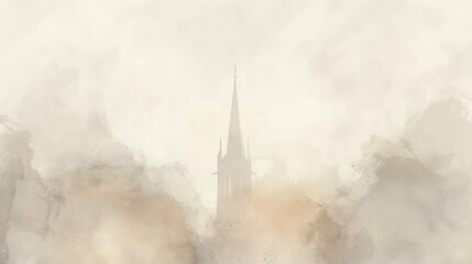 Skyward Church Spire, Biblical Illustration, Christian Aspiration and Faith, Beige Background, Copyspace