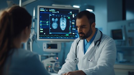 Cardiologist examining patient with advanced medical equipment, ensuring cardiovascular health and providing expert care in a hospital setting