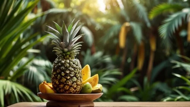 pineapple on the wooden surface, behind forest seen