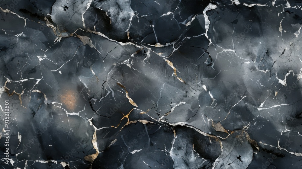 Poster A close-up view of a smooth, polished black marble surface with intricate white and gold veining running throughout. The veining creates a mesmerizing pattern, adding texture and depth to the dark bac